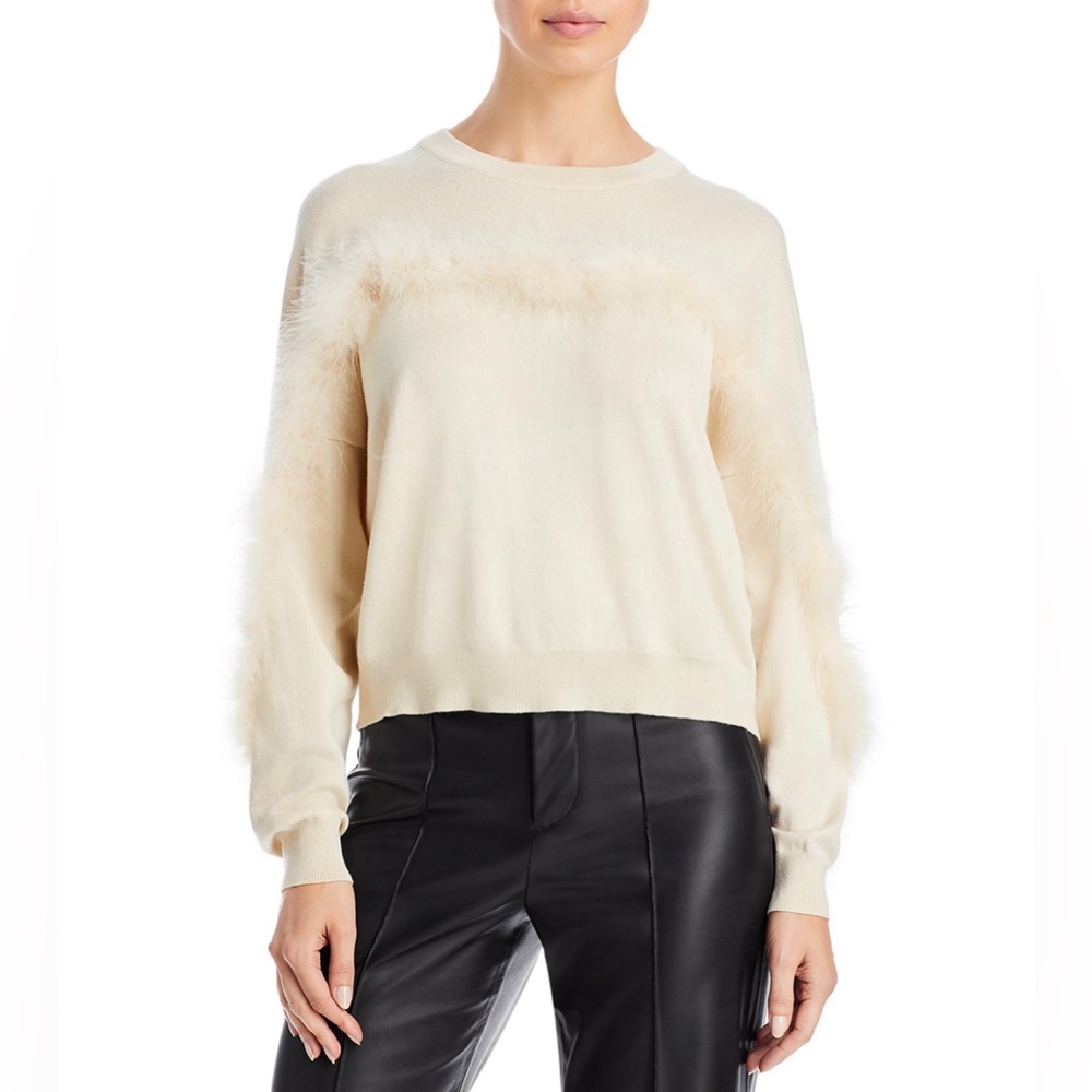 Aqua Feather Trim Sweater in Ivory size small